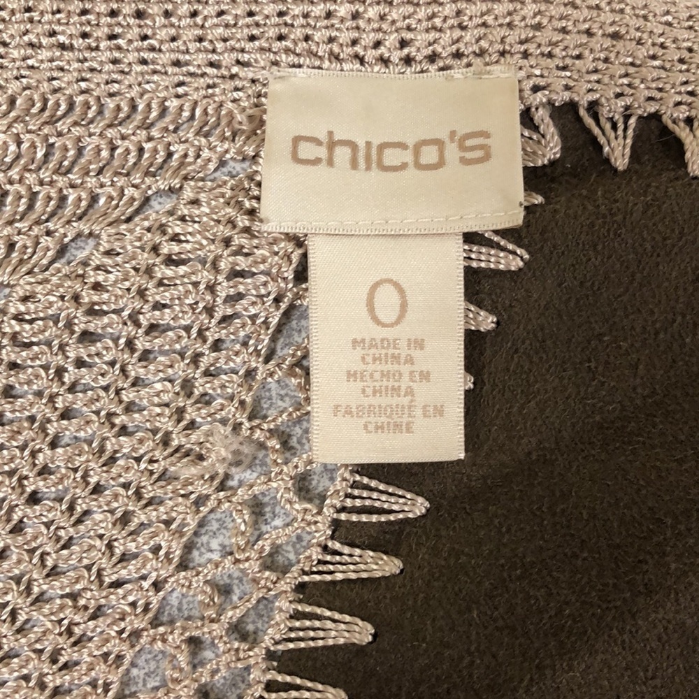 Chico’s faux suede patchwork crocheted cardigan. - Picture 7 of 12